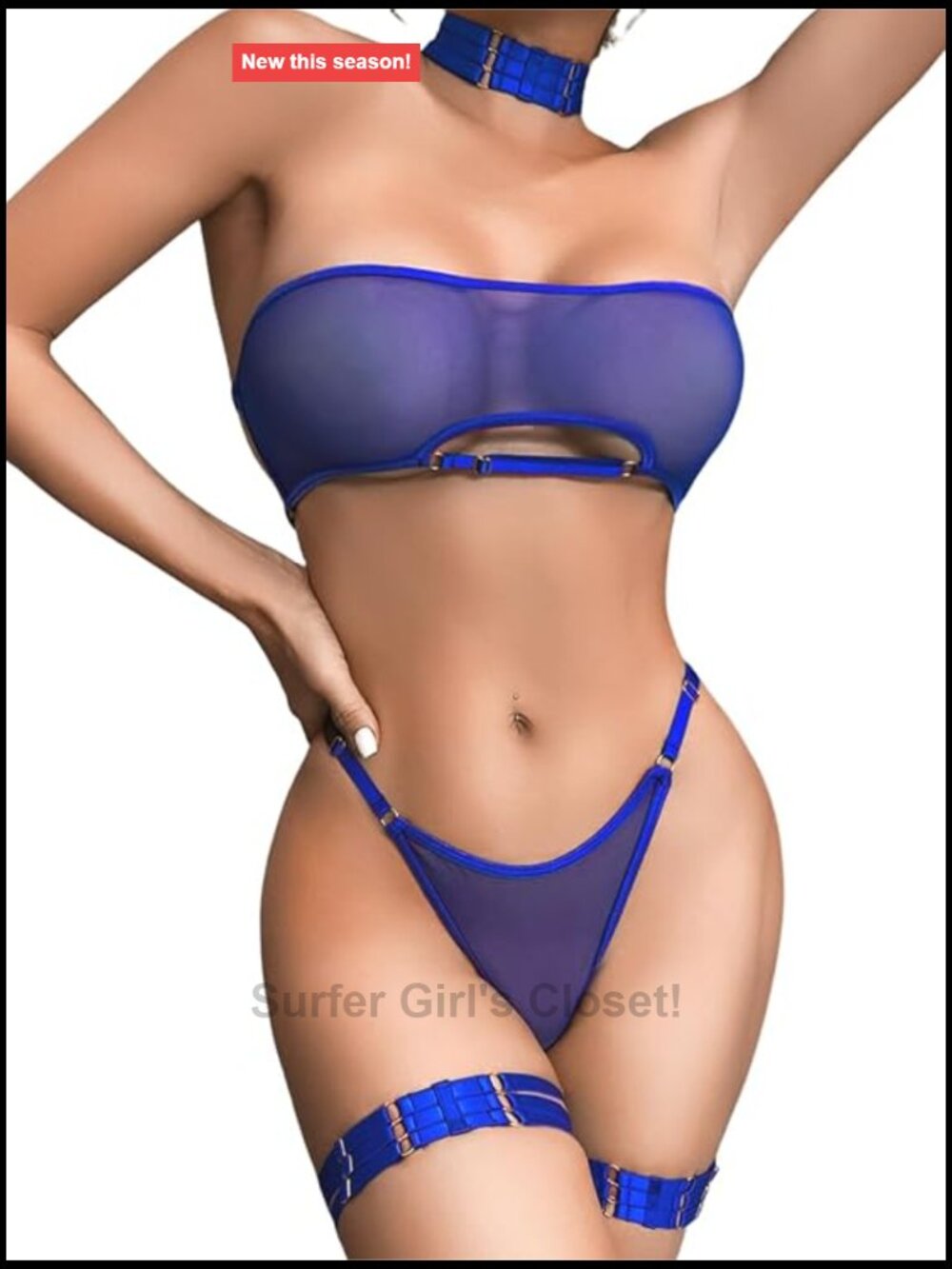 Sheer Mesh Lingerie Set 4 Piece Strapless Bra Thong Choker